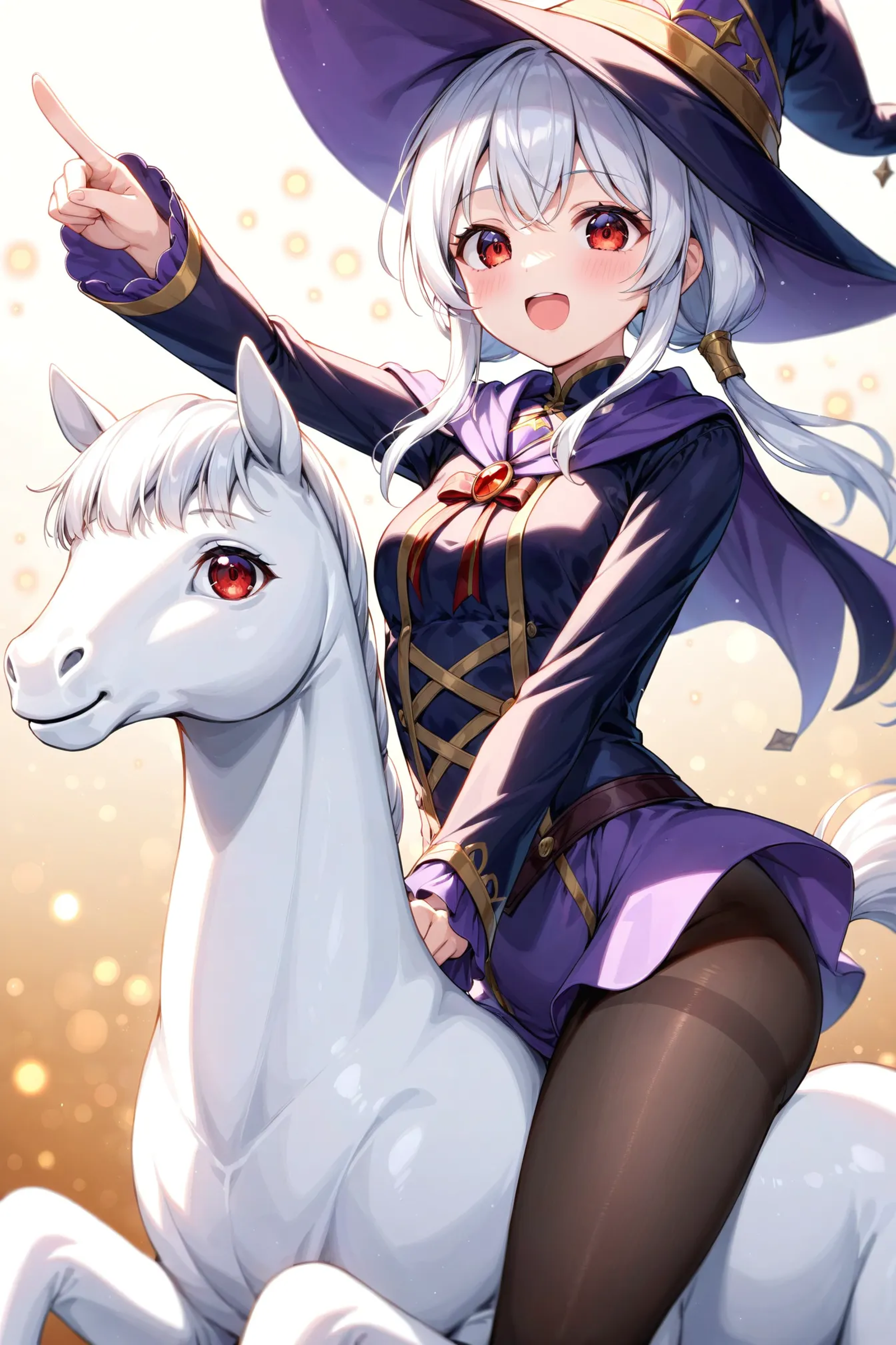 cute, 1girl, close-up, wizard hat, pointing, (riding  mini white horse:1.3), white hair, red eyes, pantyhose, gradient bac...